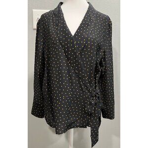 LilySilk Polka Dot 100% Silk Wrap Top, Black & Beige Polka Dot, Long Slv, Sz 12